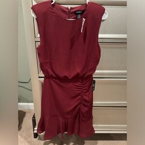 Express Ruched Ruffle Hem Mini Dress, Wine, XS, new with tags
